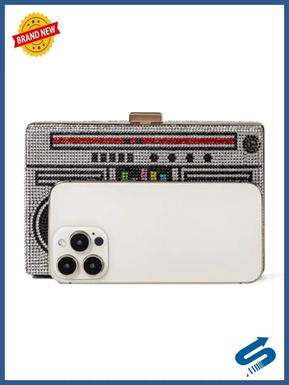 Rhinestone Radio Shape Crossbody Clutch 3-Way Evening Bag Detachable Chain